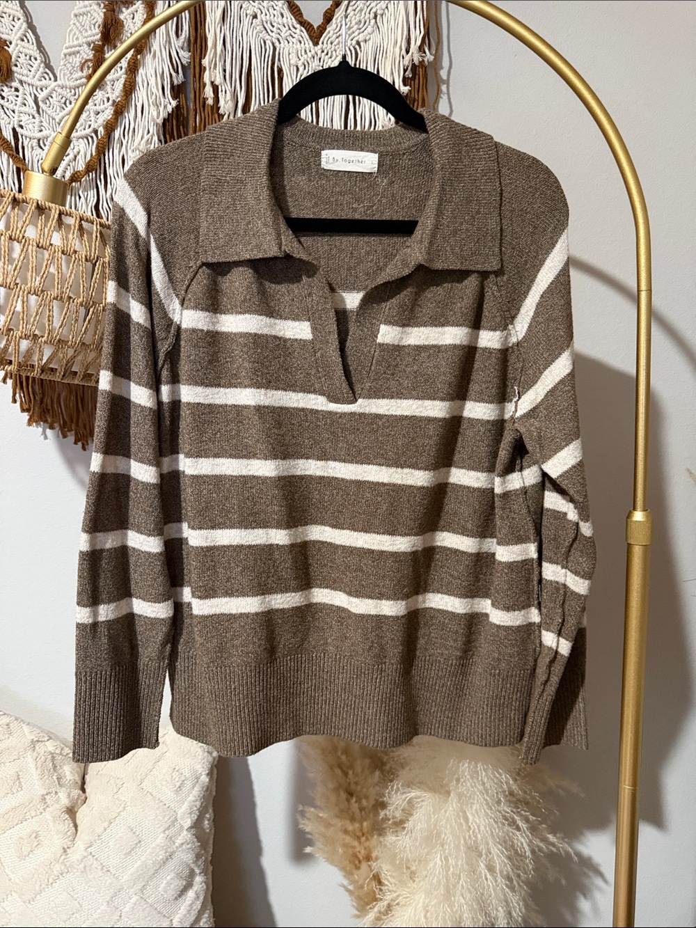 Rails Brown and White Striped V-Notch Collared Sweater